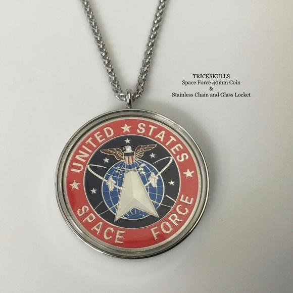 Space Force Enamel Coin in Stainless and Glass Locket & Custom Wheat Link Chain - Picture 2 of 10